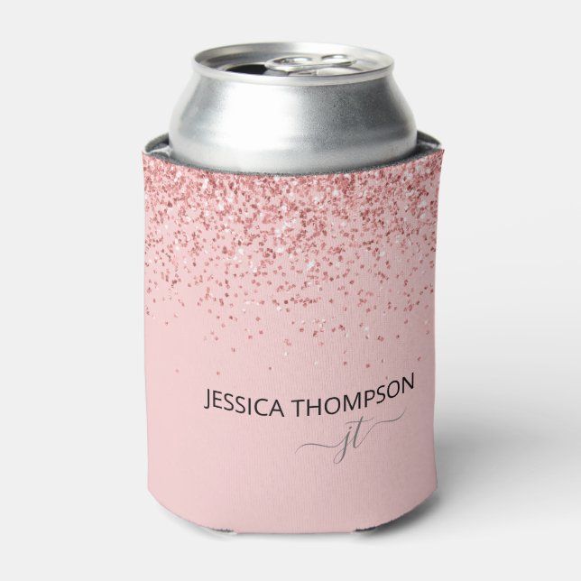 Glitzer Blush Pink Einfaches Skript Monogramm Name Dosenkühler (Kanne Vorderseite)