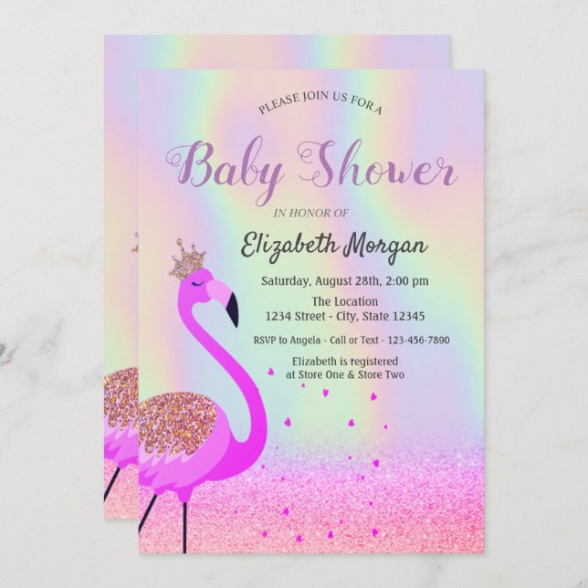 Glitzer Bokeh, Flamingo, Holographic Baby Shower Einladung (Vorne/Hinten)