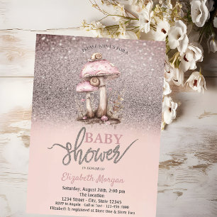 Glitzer Bokeh, Mushrooms Snails Baby Dusche Einladung