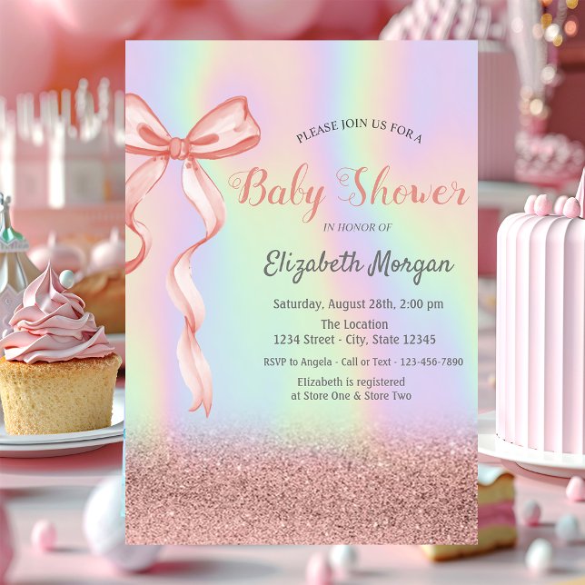 Glitzer Bokeh, Pink Bow Holographic Baby Shower Einladung (Von Creator hochgeladen)