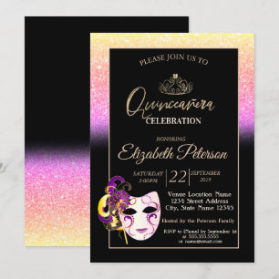 Glitzer Bokeh, Tiara, Masquerade Quinceañera Einladung
