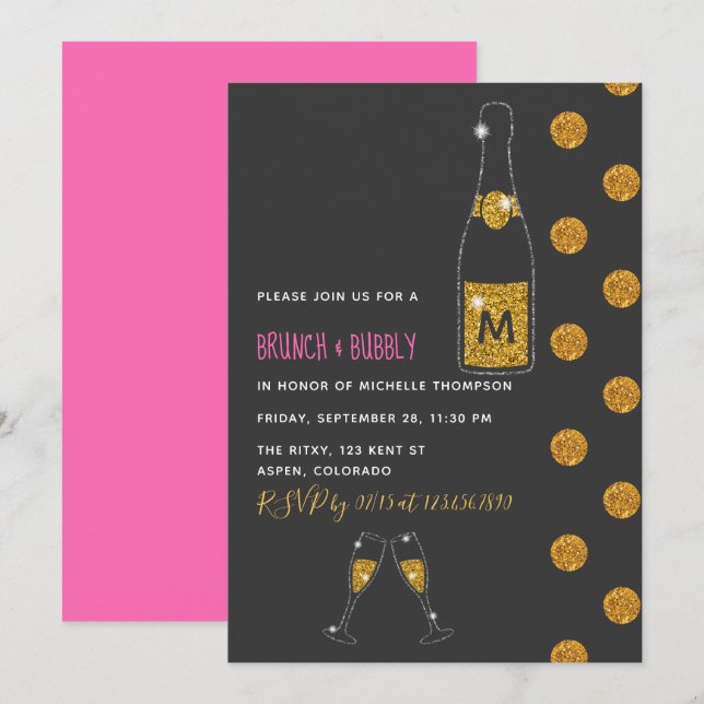 Glitzer Brunch und Bubbly Bridal Dusche Einladung (Vorne/Hinten)