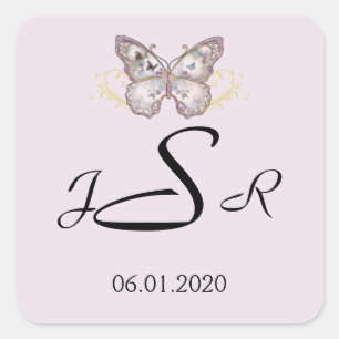 Glitzer Butterfly auf der Lavendel-Monogram-Aufkle Quadratischer Aufkleber