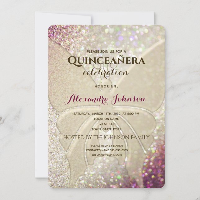 Glitzer Butterfly Quinceañera Einladung (Vorderseite)