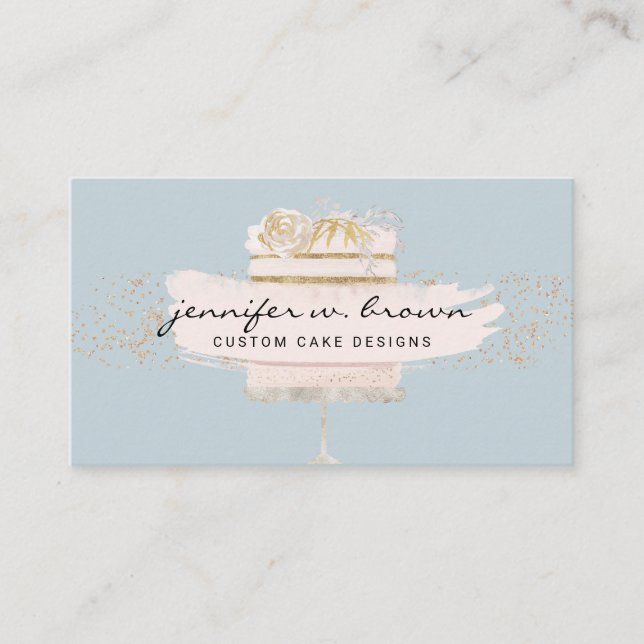 Glitzer Cake Floral Blush Blue Visitenkarte (Vorderseite)