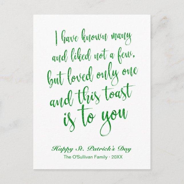 Glitzer Calligraphy Irish Toast St. Patrick's Day Postkarte (Vorderseite)
