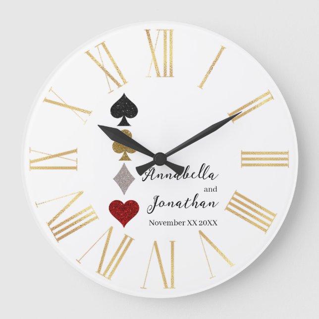 Glitzer Card Game Las Vegas Casino Hochzeit Große Wanduhr (Vorderseite)
