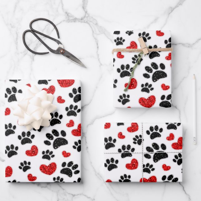 Glitzer Cartoon Dog Paw Prints and Red Hearts Geschenkpapier Set (Vorderseite)