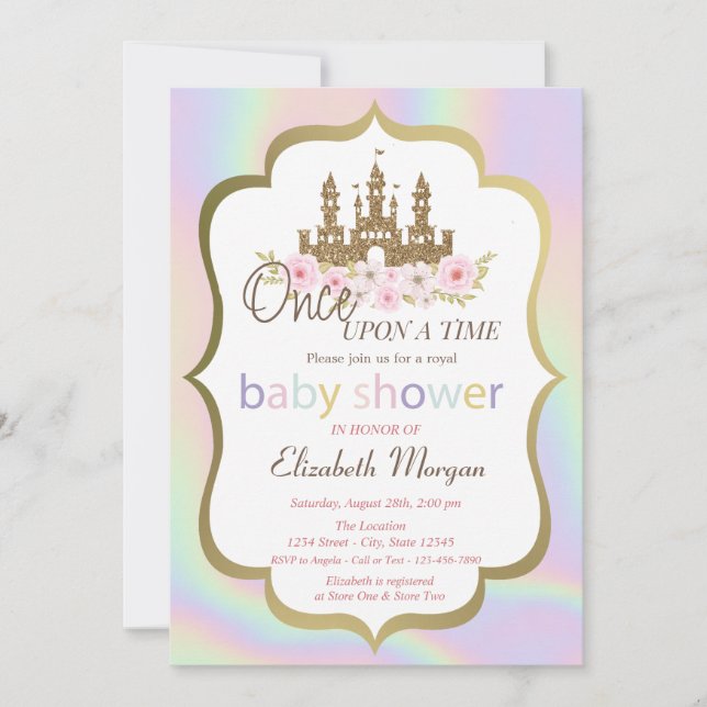 Glitzer Castle floral, Holographic Baby Shower Einladung (Vorderseite)