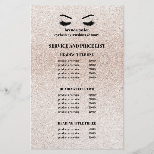 Glitzer Champagner Rosa EYELASH SALON SERVICE LIST Flyer (Vorne)