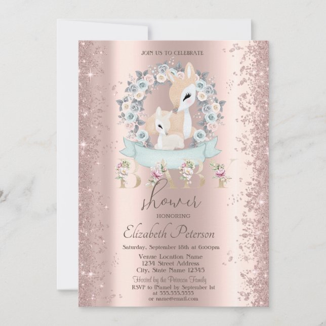 Glitzer Confetti Baby Deers Blume Babydusche Einladung (Vorderseite)