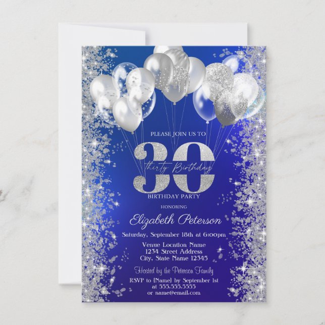 Glitzer Confetti Balloons Navy Blue 30. Geburtstag Einladung (Vorderseite)