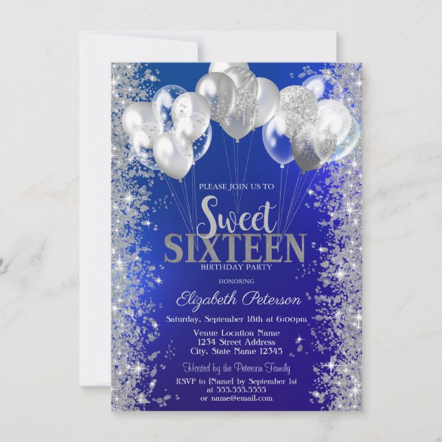 Glitzer Confetti Balloons Navy Blue Sweet 16 Einladung (Vorderseite)