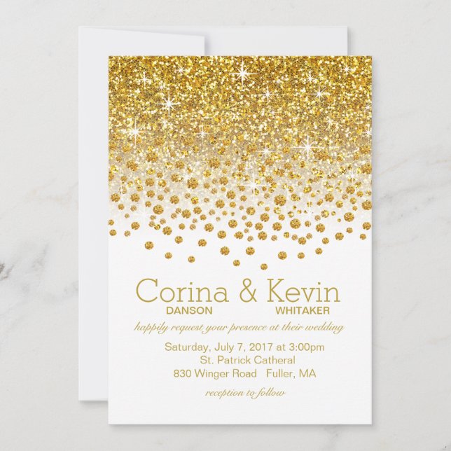 Glitzer Confetti Dusche Hochzeit| Goldweiß Einladung (Vorderseite)