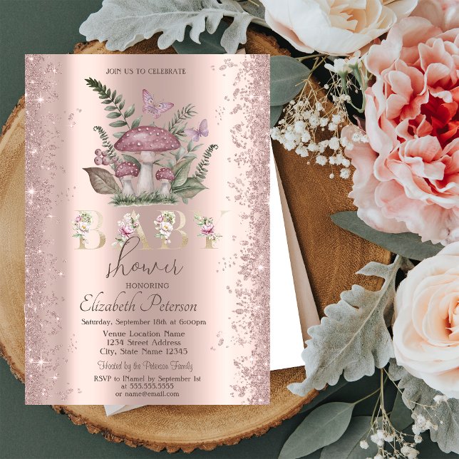 Glitzer Confetti Mushrooms Butterflies Babydusche Einladung (Von Creator hochgeladen)