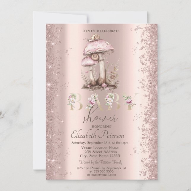 Glitzer Confetti Mushrooms Snail Babydusche Einladung (Vorderseite)