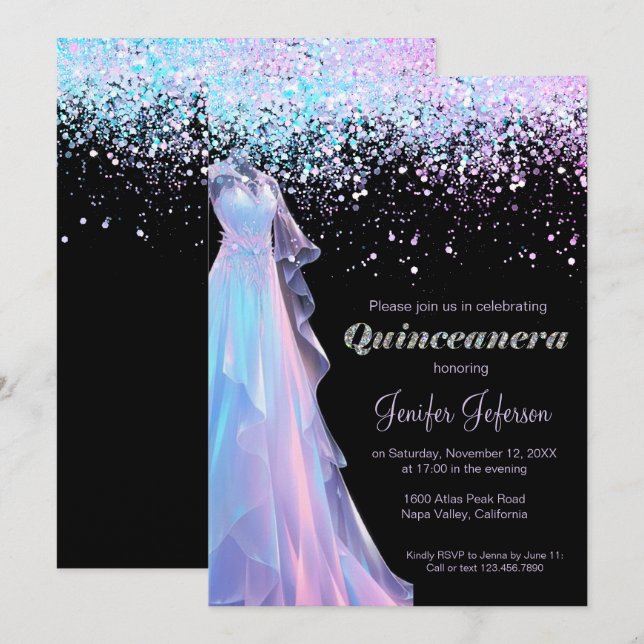 Glitzer Confetti Quinceanera Einladung (Vorne/Hinten)