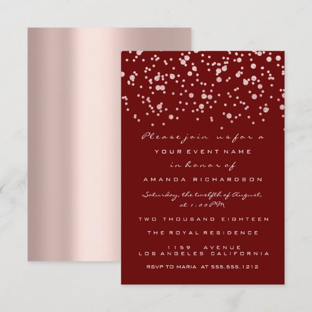 Glitzer Confetti Rose Maroon Bridal Sweet 16. Einladung (Vorne/Hinten)