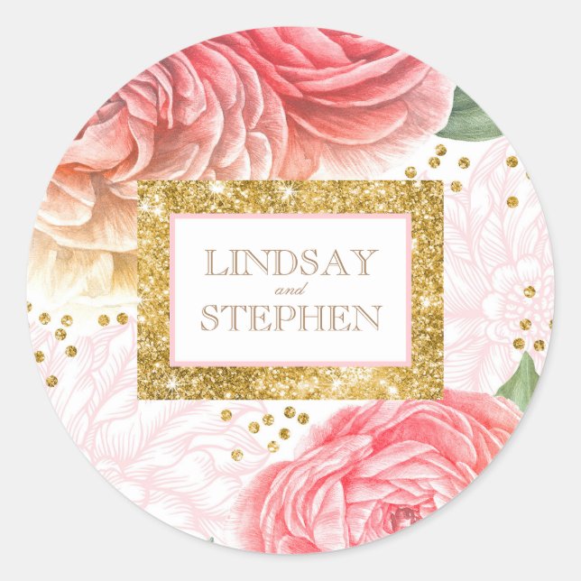 Glitzer Confetti und rosa Blume Aquarell Runder Aufkleber (Vorderseite)