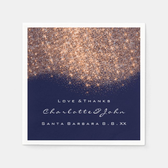 Glitzer Copper Blue Navy White Danke Name Serviette (Vorderseite)