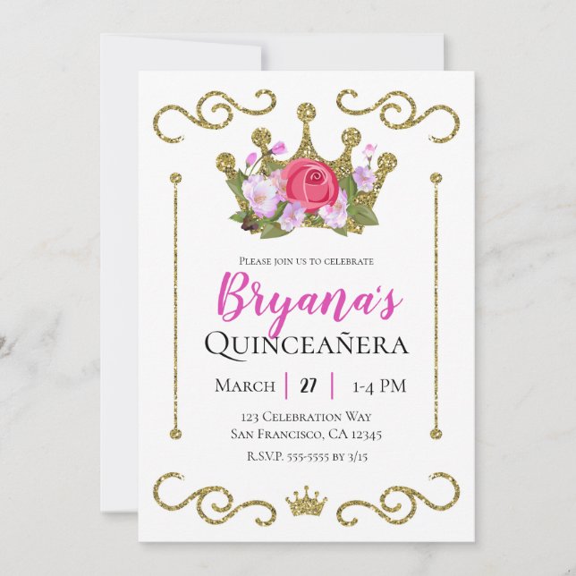 Glitzer Crown Floral Foto Quinceñera Party Einladung (Vorderseite)