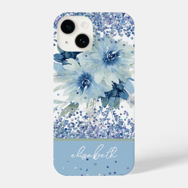 Glitzer Custom Blue Floral Personalisiert Name iPhone 14 Hülle (Rückseite)