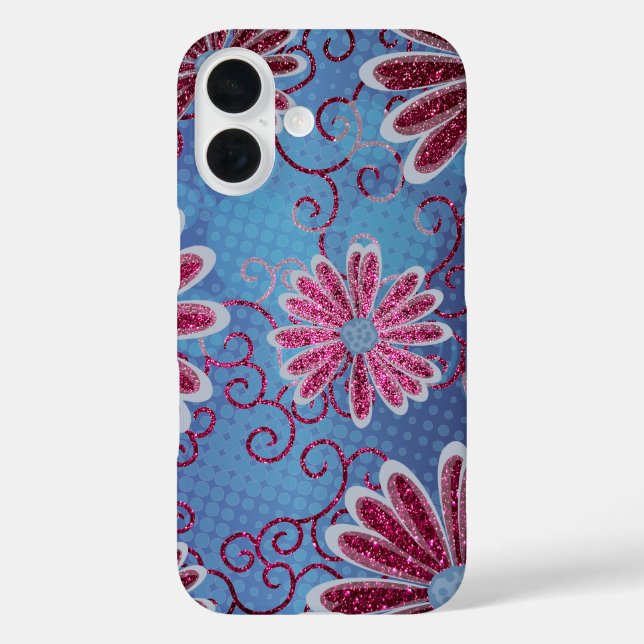 Glitzer Daisy Pattern iPhone 16 Hülle (Rückseite)
