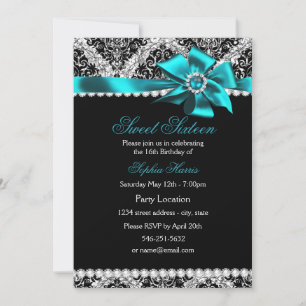 Glitzer Damask & Aquamarin Jewel Bow Sweet 16 Einl Einladung