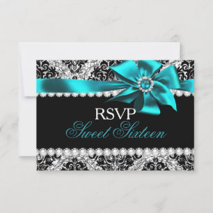 Glitzer Damask & Aquamarin Jewel Bow Sweet 16 UAWG RSVP Karte