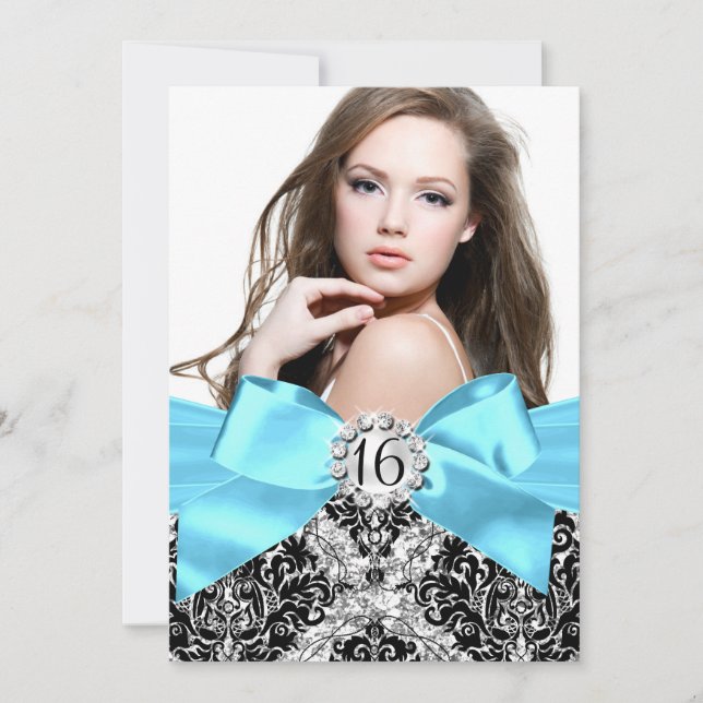 Glitzer Damask & Blue Bow Sweet 16 Foto Einladung (Vorderseite)