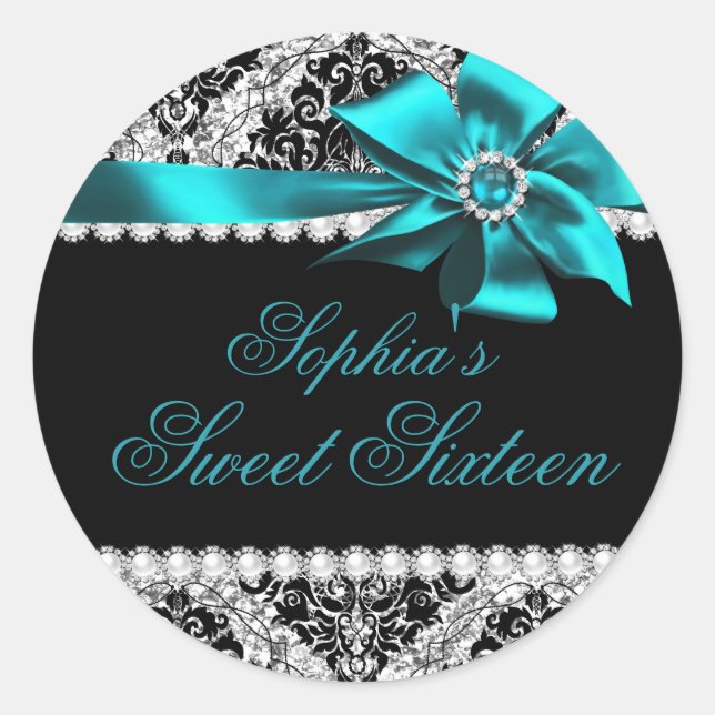 Glitzer Damask & Jewel Aquamarin Bow Sweet 16 Aufk Runder Aufkleber (Vorderseite)