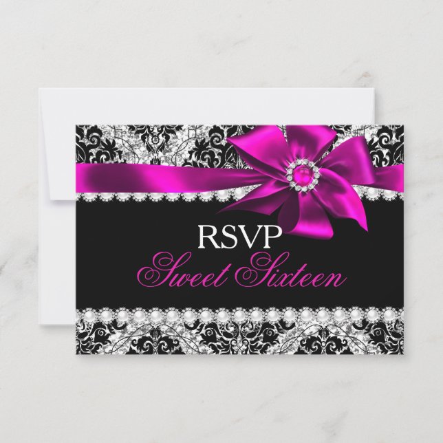 Glitzer Damask & Pink Jewel Bow Sweet 16 UAWG RSVP Karte (Vorderseite)