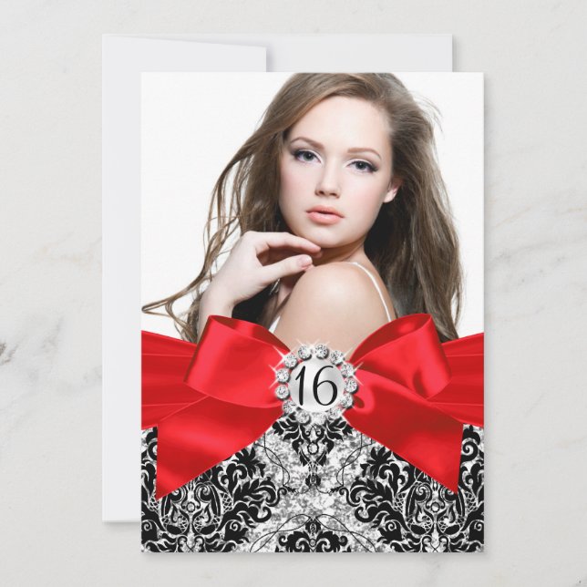 Glitzer Damask & Red Bow Sweet 16 Foto Einladung (Vorderseite)