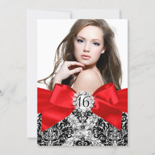 Glitzer Damask & Red Bow Sweet 16 Foto Einladung