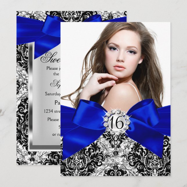 Glitzer Damask & Royal Blue Bow Sweet 16 Foto Einladung (Vorne/Hinten)