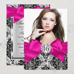 Glitzer Damast Hot Pink Schleife Sweet 16 Foto Einladung