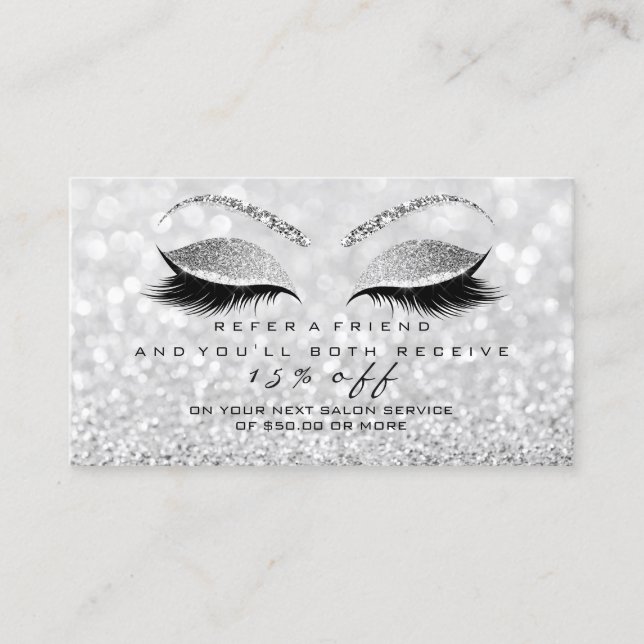 Glitzer der Salon-Referenzkarte Silver Gray Lashes Empfehlungskarte (Vorderseite)