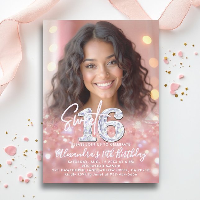 Glitzer Diamonds Rose Gold Chic Foto Sweet 16 Einladung (sweet sixteen invitation 16th birthday rose gold blush pink diamonds photo template fashion teen)