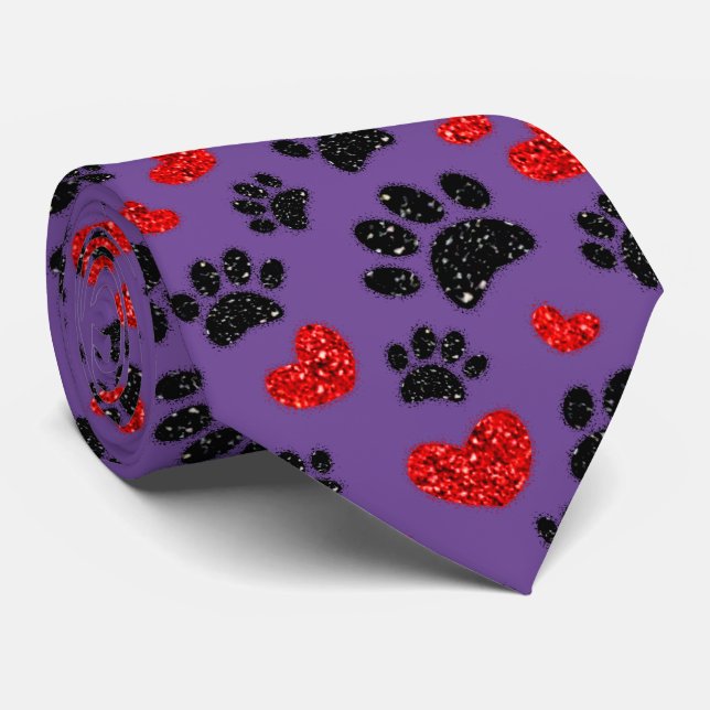 Glitzer Dog Paw Prints und Rote Herzen Lila Krawatte (Gerollt)