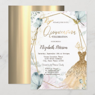 Glitzer Dress Blue Butterfets Gold Frame Einladung