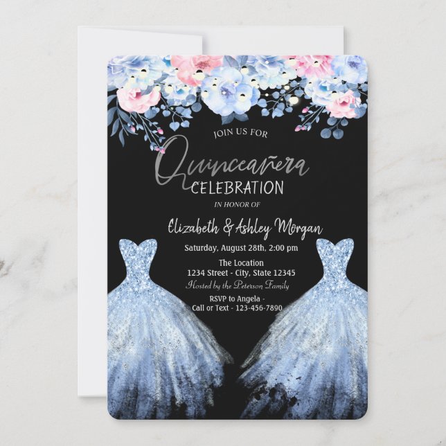 Glitzer Dress Blue Pink Blume Einladung (Vorderseite)