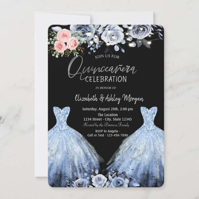 Glitzer Dress Blue Pink Roses Einladung (Vorderseite)