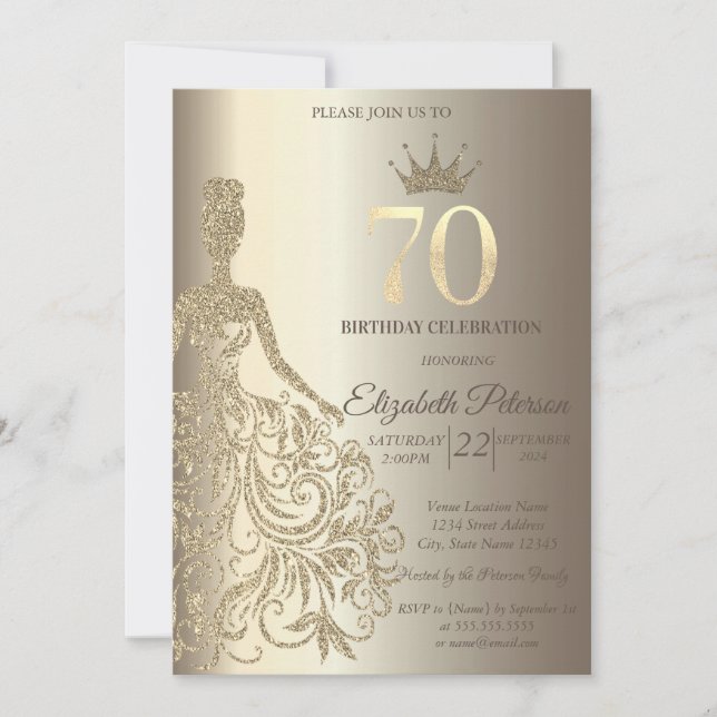 Glitzer Dress, Diamonds Champagne 70. Geburtstag Einladung (Vorderseite)