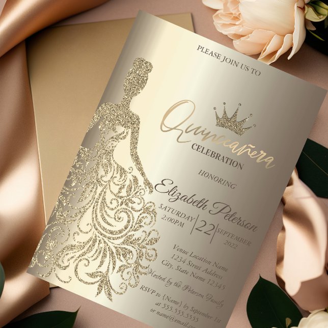 Glitzer Dress, Diamonds Champagne Quinceañera Einladung (Von Creator hochgeladen)