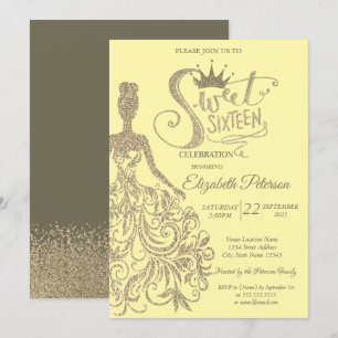 Glitzer Dress Girl Tiara, Gold Diamonds Sweet 16 Einladung