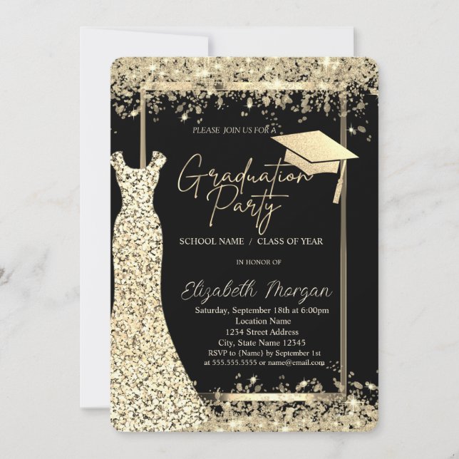 Glitzer Dress Gold Confetti Abschluss Einladung (Vorderseite)