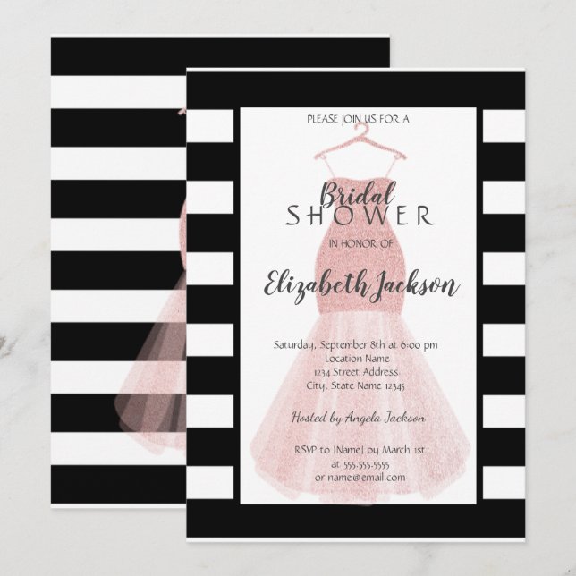 Glitzer Dress Schwarz-weiß Stripes Brautparty Einladung (Vorne/Hinten)