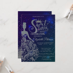 Glitzer Dress, Tiara, Diamonds Blue Stars Sweet 16 Einladung