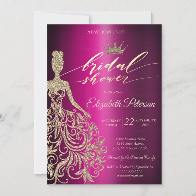 Glitzer Dress, Tiara, Lila Metallisches Brautparty Einladung (Vorderseite)