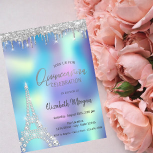 Glitzer Drops Eiffelturm Holographic Quinceanera Einladung